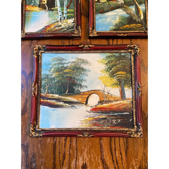 Set Of 3 Vintage Framed Oil Paintings With Rustic Landscape Themes In Ornate Red - Picture 4 of 7